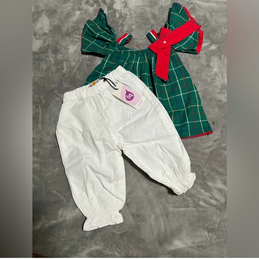 Green and Red Plaid Dress with White Pants